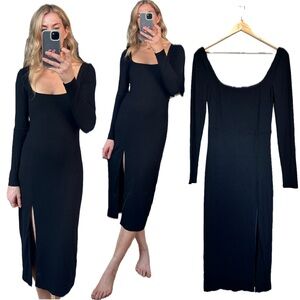 Lovers + Friends Black Ribbed Square Neck Bodycon Long Sleeve Slit Midi Dress